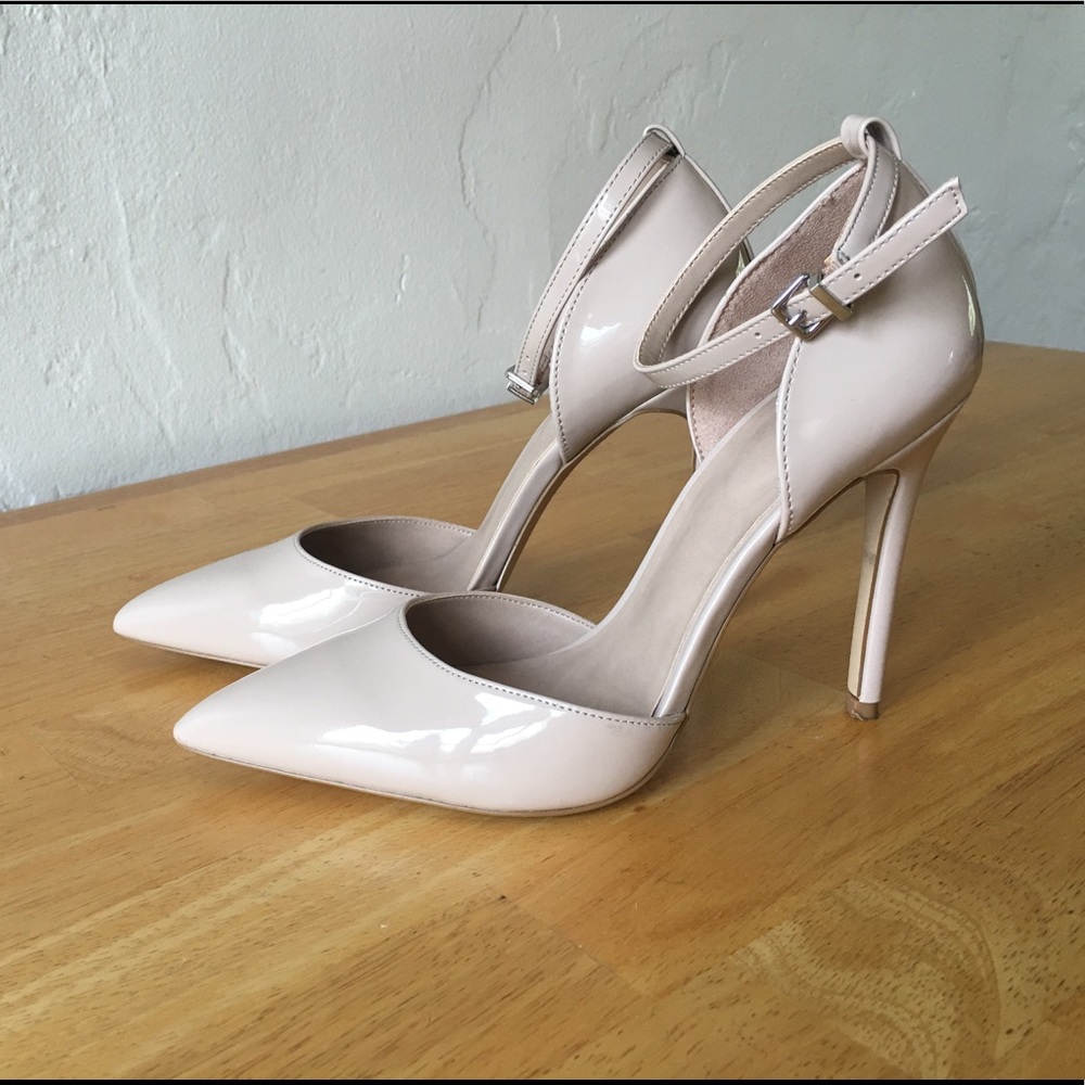 Nude Patent Leather Ankle Strap Stilettos